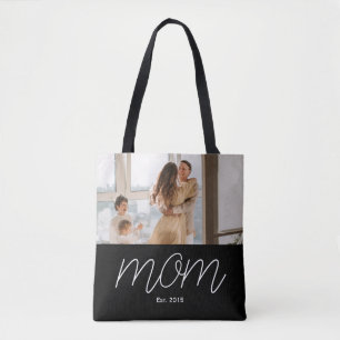 Mom Established Script Black Photo Tote Bag