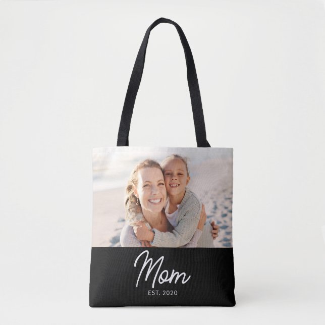 Mom Established Script Black Photo  Tote Bag (Front)