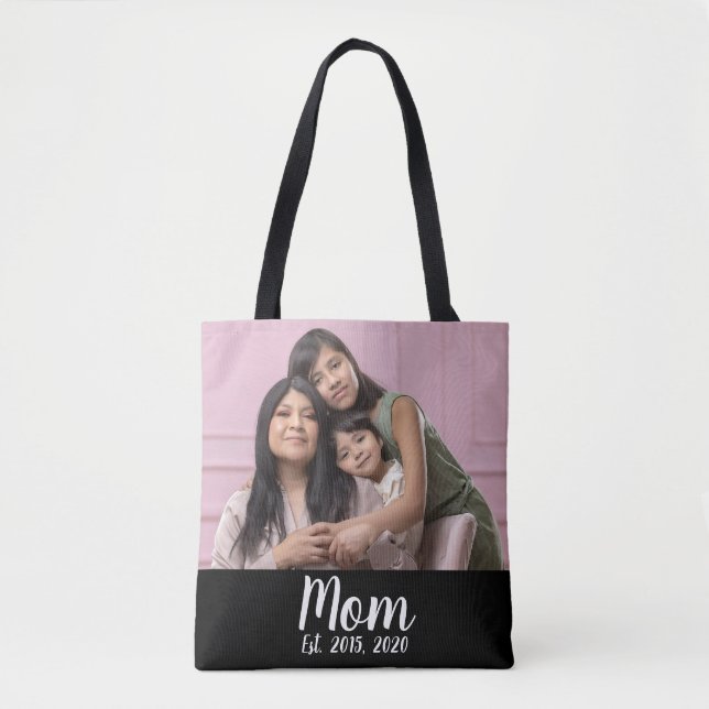 Mom Established Script Black Photo Tote Bag (Front)