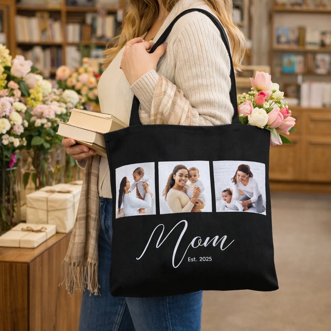 Mom Established Script Black Photo Tote Bag (Creator Uploaded)