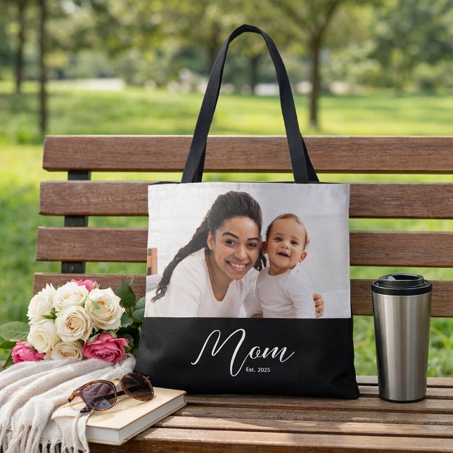 Mom Established Script Black Photo Tote Bag (Creator Uploaded)