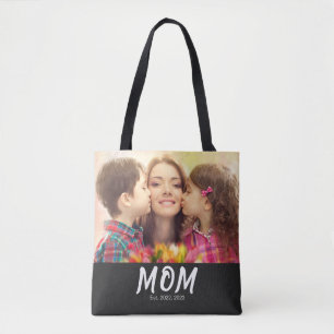 Mom Established Script Black Photo Tote Bag
