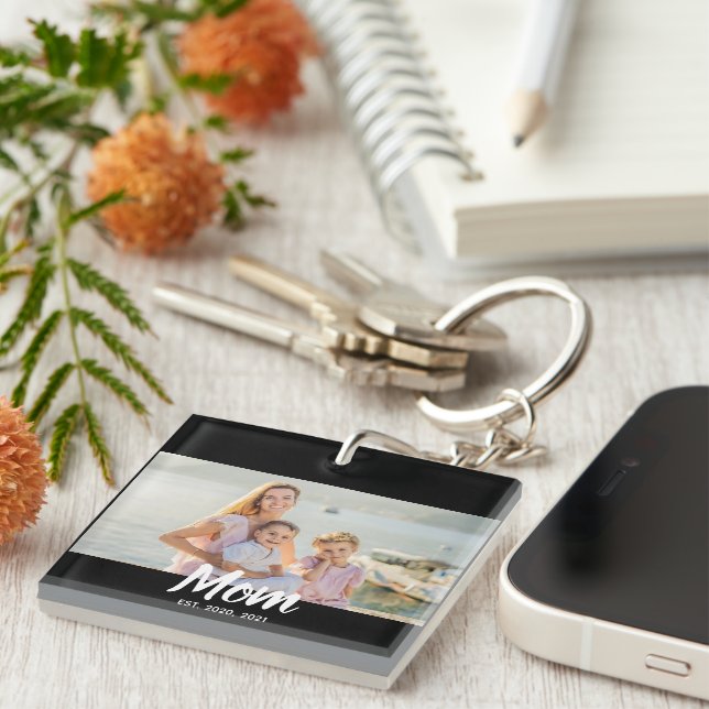 Mom Established Script Photo Custom Date Key Ring (Front Right)