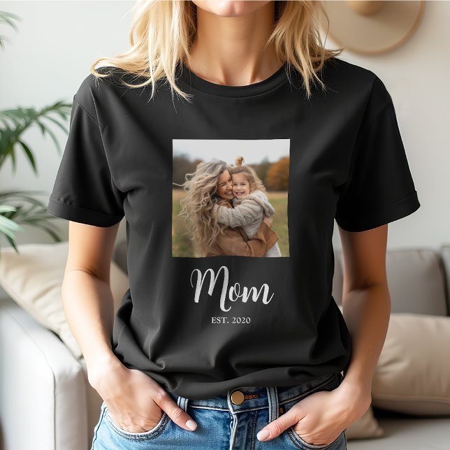 Mom Established Script Text Photo T-Shirt (Established mom 1 photo white script text personalized t-shirt gift for Mother's Day or Birthday)