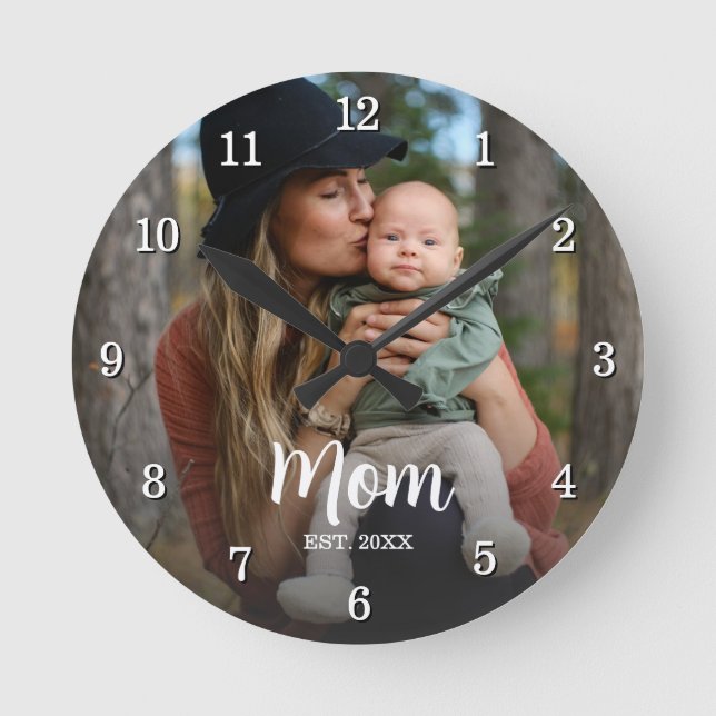 Mom Established Script Typography Photo Year Est  Round Clock (Front)