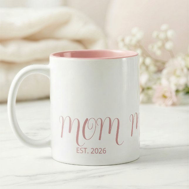 Mom Established Sweet Pink Script New Mom Gift  Two-Tone Coffee Mug (Creator Uploaded)