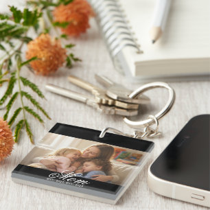 Mom Established White Elegant Script Photo Key Ring