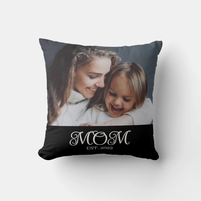 Mom Established White Modern Script Photo Cushion (Front)
