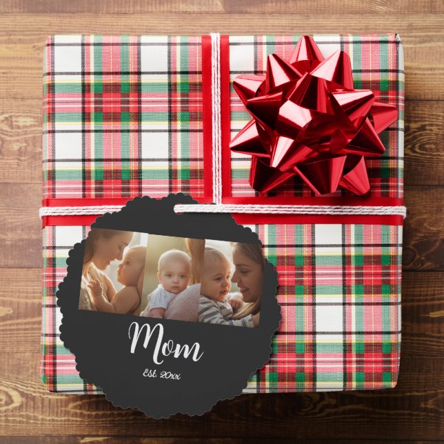 Mom Established Year Modern Script Black 3 Photo Tree Decoration Card (Insitu (Gift))