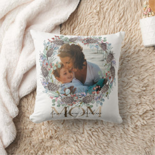 Mom Faux Gold Typography Botanical Christmas Cushion