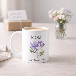 Mom February Birth Flower with Kids Names Coffee Mug