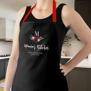 Mom Gift Black Red Roses Floral Elegant Monogram Apron