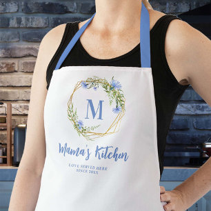 Mom Gift Blue Cornflowers Gold Geometric Monogram Apron