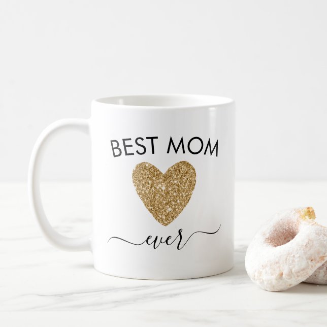 Mom Gift Mothers Day Best Mom Gold Glitter Heart Coffee Mug (With Donut)