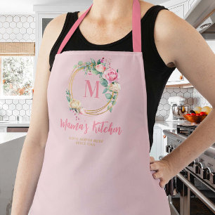 Mom Gift Pink Blush Roses Gold Monogram Floral Apron