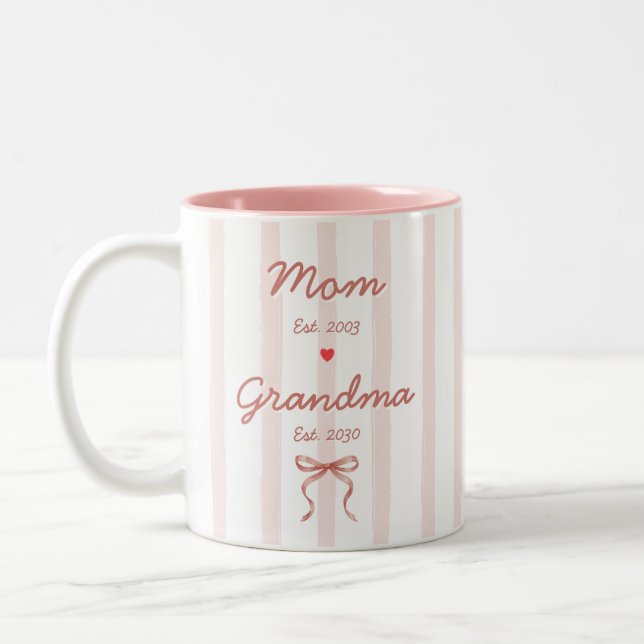 Mom & Grandma Custom Dates Pink Stripes Coquette Two-Tone Coffee Mug (Left)