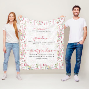 Mom Grandma & Great Grandma With Names Floral Fleece Blanket