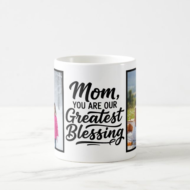 Mom Greatest Blessing Brush Script Custom 2 Photo Coffee Mug (Center)
