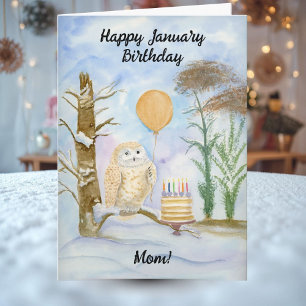 Mom Happy January Birthday Owl Cake Card