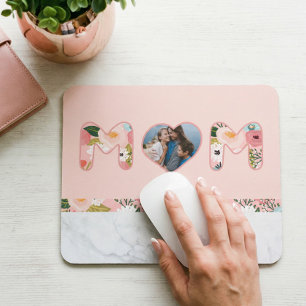MOM Heart Photo Frame Floral Pattern & Marble Pink Mouse Mat