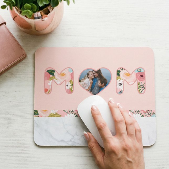 MOM Heart Photo Frame Floral Pattern & Marble Pink Mouse Mat (Gift For Mom Heart Photo Frame Pink Marble Floral Mouse Pad)