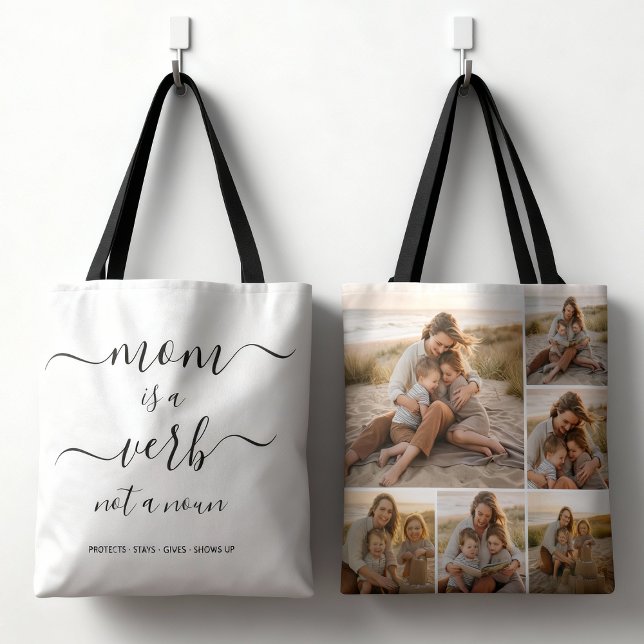 Mom Is a Verb Family Photo Collage Mother Keepsake Tote Bag (Creator Uploaded)