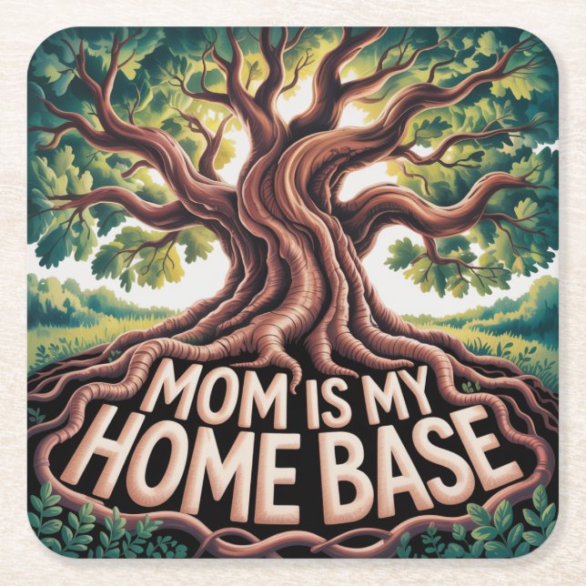 Mom Is My Home Base Square Paper Coaster (Front)