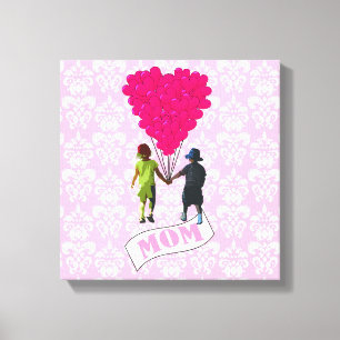 Mom, kids with heart shaped balloons canvas print