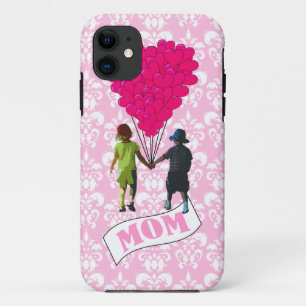 Mom, kids with heart shaped balloons iPhone 11 case