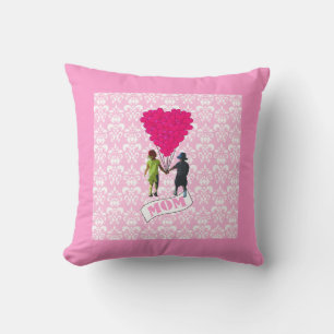Mom, kids with heart shaped balloons cushion