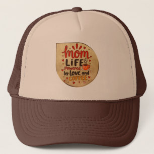 Mom Life Powered by Love and Coffee – Badge Style Trucker Hat