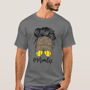 Mom Life Softball Messy Bun Leopard Hat Cap Mother T-Shirt