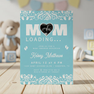 Mom Loading Ultrasound Photo Blue Baby Shower Invitation