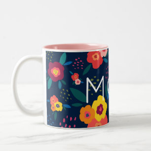 Mom Modern Floral in Blue and Coral Two-Tone Coffee Mug