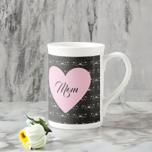 Mom Mothers Day Heart on Vintage Black Floral Bone China Mug