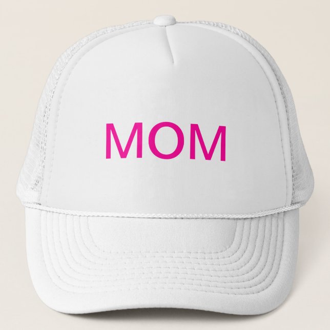 MOM Mother's Day Typography in Pink on White Trucker Hat (Front)