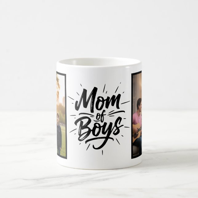 Mom of Boys Brush Script Two Photo Coffee Mug (Center)
