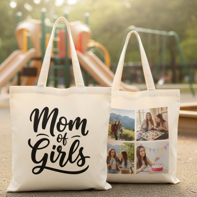 Mom of Girls Brush Script Four Photo Tote Bag (Creator Uploaded)