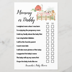 Mom or Dad Farm Animals Baby Shower Game Card