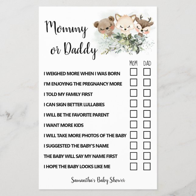 Mom or Dad Forest Animals Baby Shower Game Card (Front)