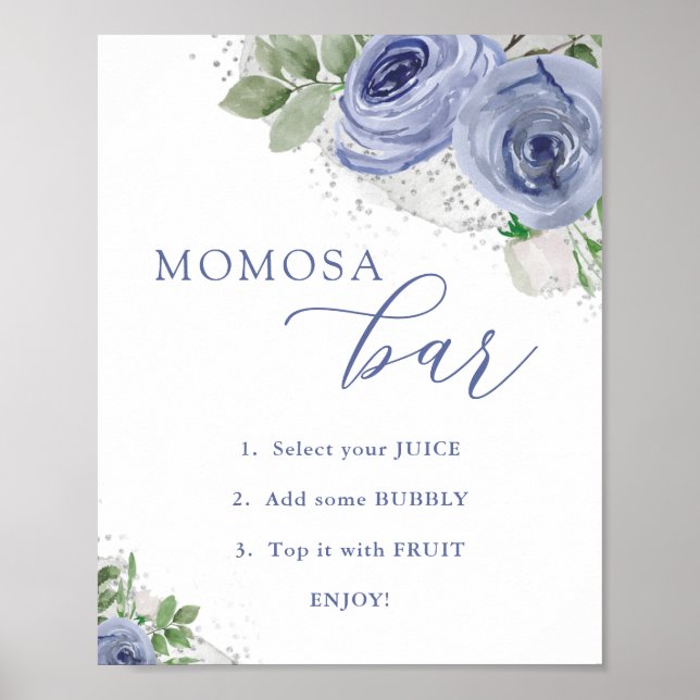 "MOM"osa Bar, Blue and Silver Floral Baby Shower Poster (Front)