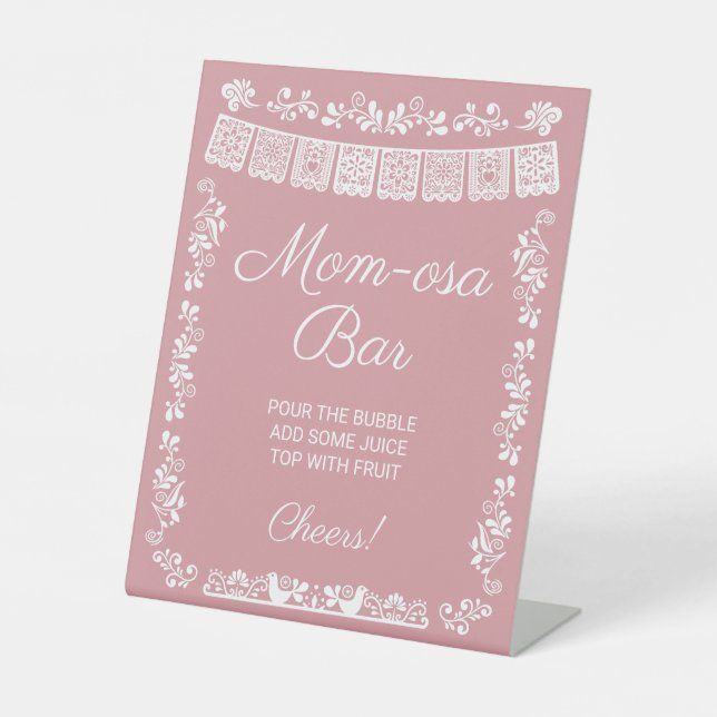 Mom-osa Bar Blush Pink Baby Shower Pedestal Sign (Front)