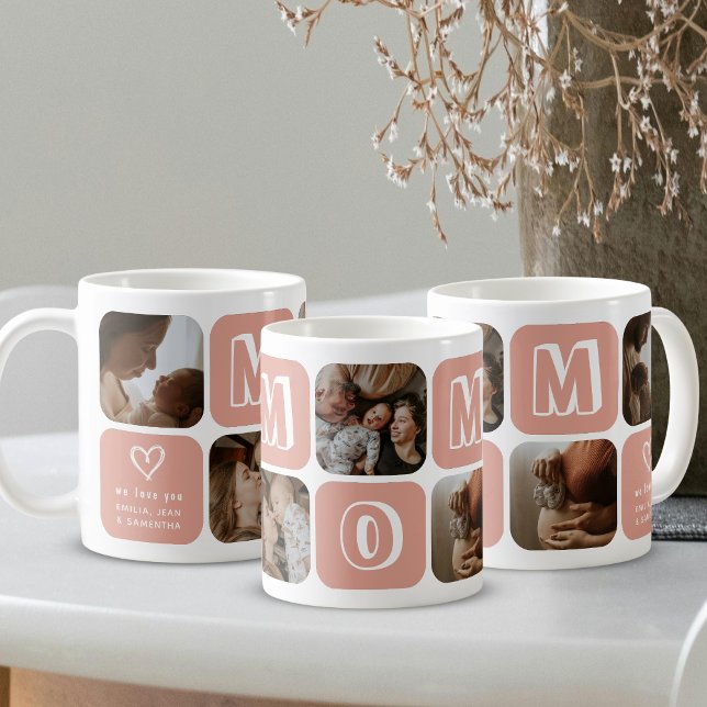 Mom Photo Collage Peach and White Heart Family Coffee Mug (Creator Uploaded)
