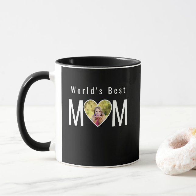 Mom Photo in Black Heart Frame Modern Calligraphy Mug (With Donut)
