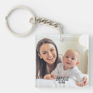 Mom Photo Minimal Black Typography Est. Year Key Ring