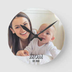 Mom Photo Minimal Black Typography Est. Year Round Clock