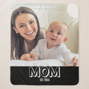 Mom Photo Minimal Black Typography Est. Year Sherpa Blanket