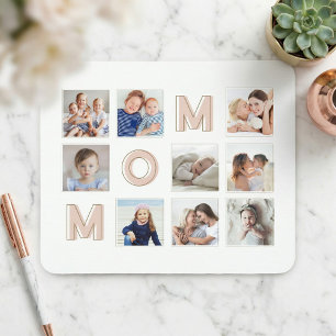 MOM Pink Letters Nine Family Photo Grid Collage Mouse Mat