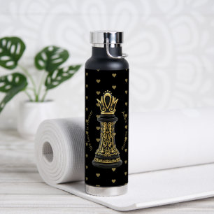 MOM Queen of my life, Golden Script Black Chess  Water Bottle