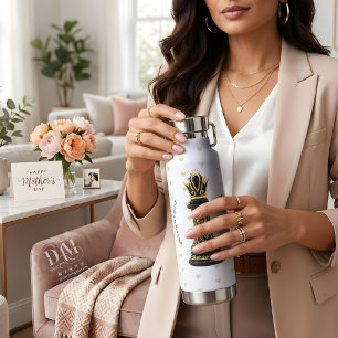 MOM Queen of my life, Golden Script Black Chess  Water Bottle